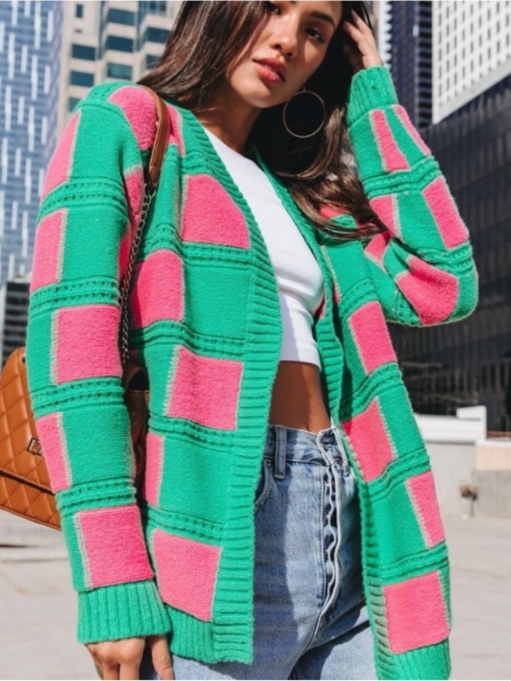 DAVI & DANI Green and Pink Checkered Oversized Woman’s Cardigan